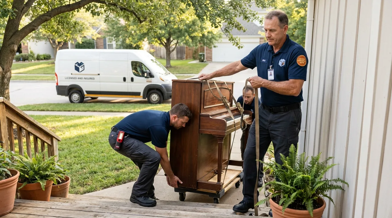 Licensed piano movers securing grand piano in Springfield, MN