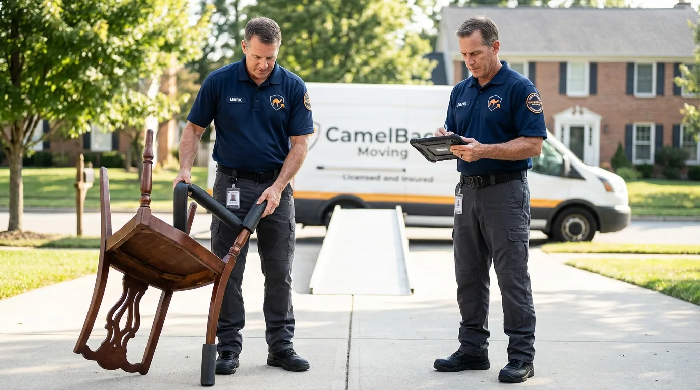 Movers inspecting furniture for damage prevention before loading in Springfield, MN
